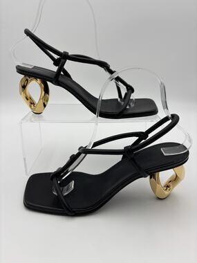 JW Anderson Strappy Sandals Black Leather Chain Link Heels Gold Size 38 / 8